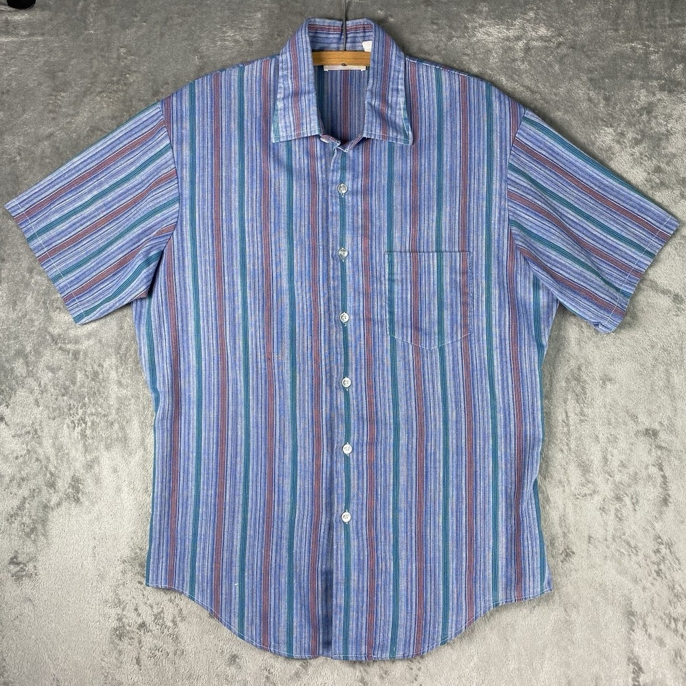 Vintage Sears Kings Road Shirt Mens L Blue 70s Striped Perma Prest Short Sleeve
